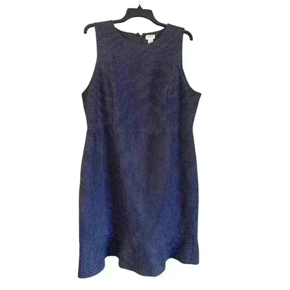 J. Crew Navy Blue Dress Sleeveless Fit Flare Back Zip Size 16 Polka Dot Cocktail